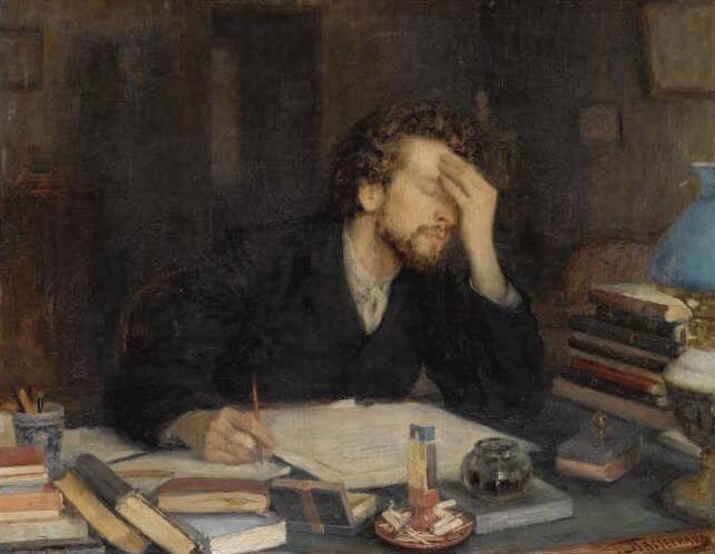 A man experiences writer's block in The Passion of Creation by Leonid Pasternak