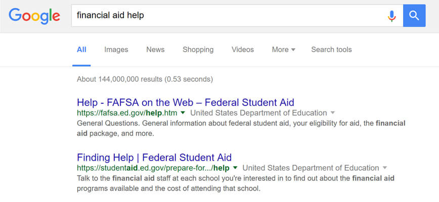 Google search results for 'financial aid help' on October 8, 2016