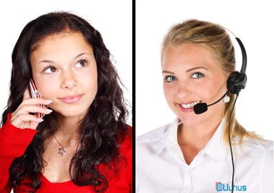 Woman on the phone with an Ultius client success representative.